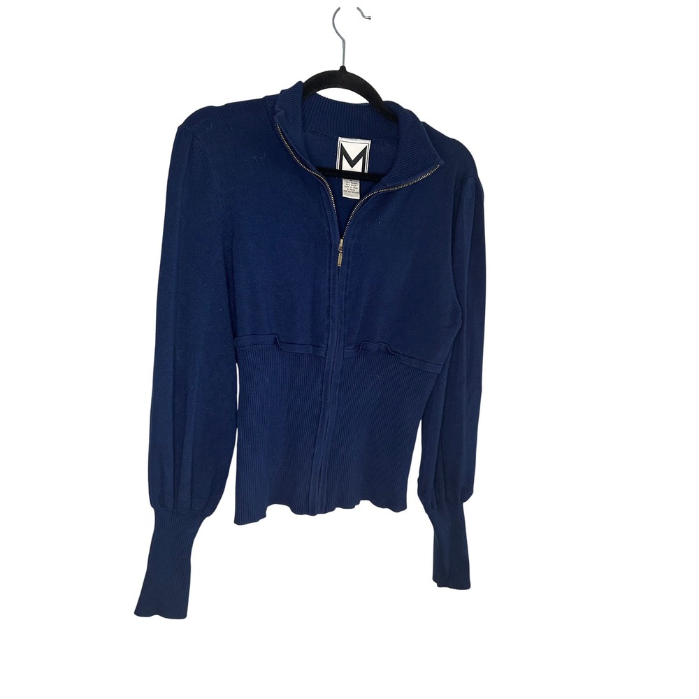 Marc‎ Bouwer Womens Blue Knit Full Zip Ribbed Waist Puffed Sleeve Sweater M